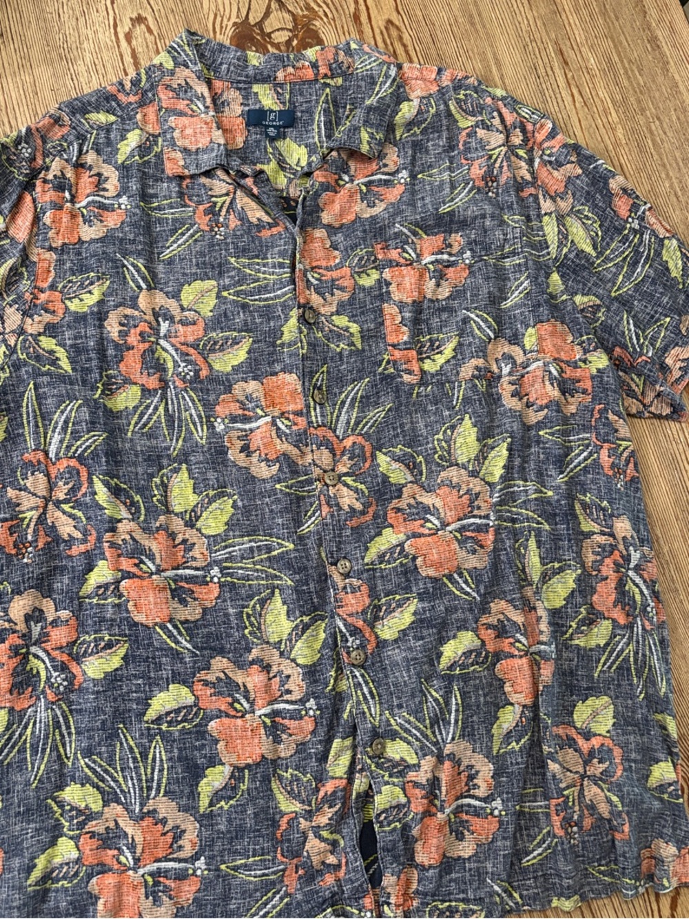 George Navy Short-Sleeve Button Shirt with Orange Floral & Green Leaves